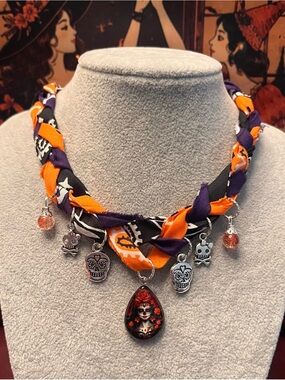 Day of the Dead Braided Charm Necklace on Orange, Purple and Black Bandana